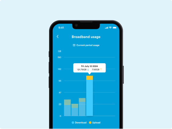 Screenshot of the mobile app showing the broadband usage separated by download and upload