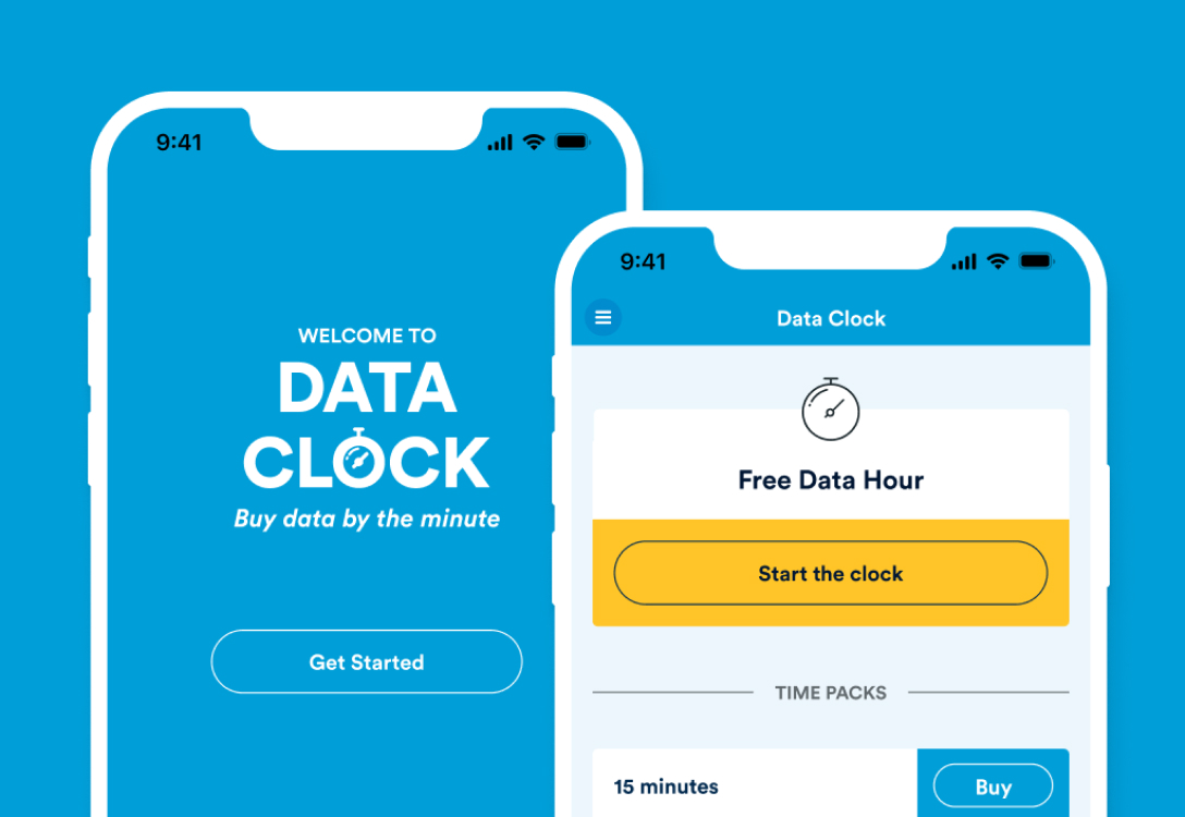 Screenshots of the data clock app offering the free data hour on a blue background