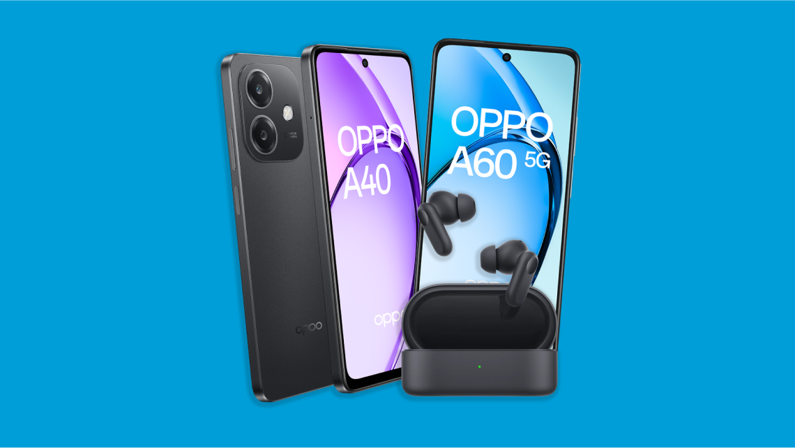 Image of the OPPO A40 and A60 smartphones and a pair of Enco Buds2 on a blue background