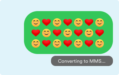 Image of a message containing emojis and a warning that it is converting to an MMS on a light blue background