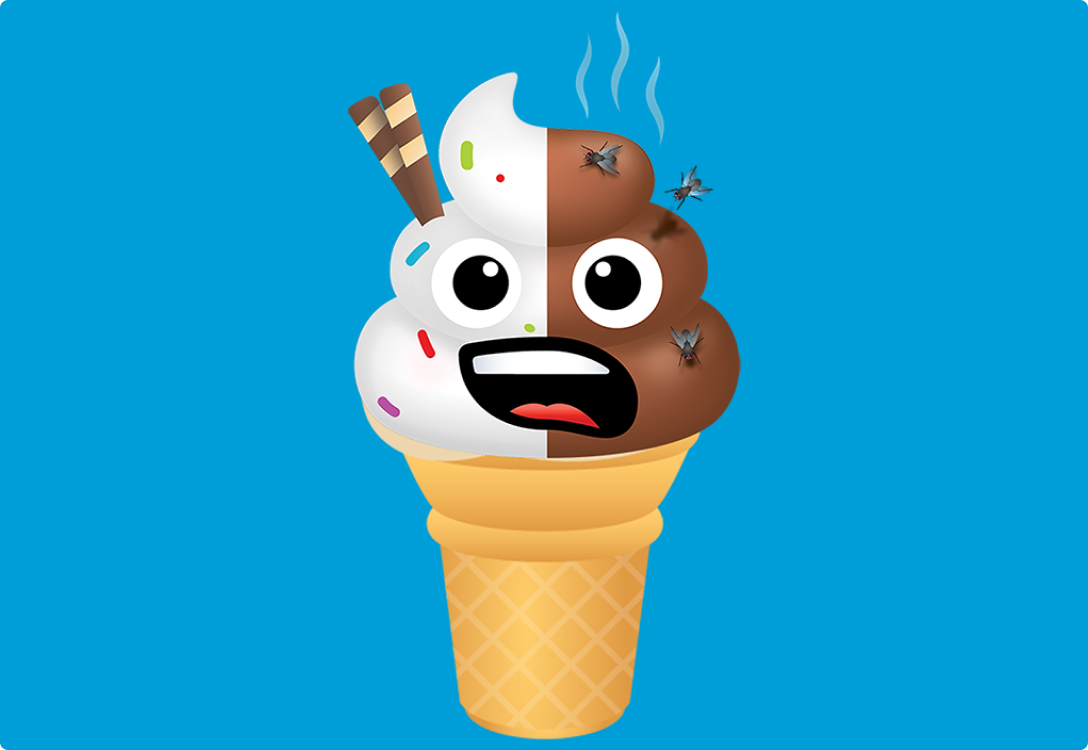 Emoji of an ice cream cone that has one half of ice cream with sprinkles and the other half is poo with flies