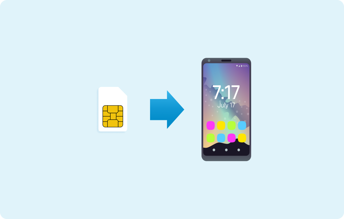 Emoji of a sim card and an arrow pointing at an emoji of a mobile phone on a light blue background