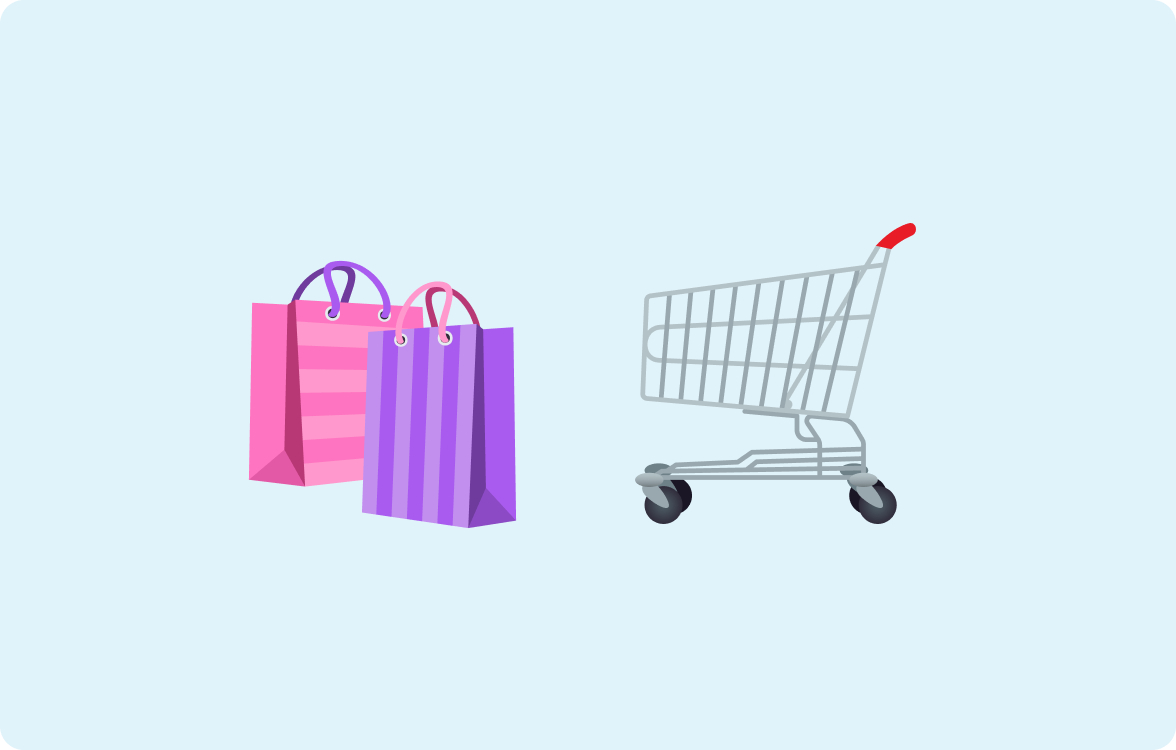 Emoji of shopping bags and a shopping trolley on a light blue background