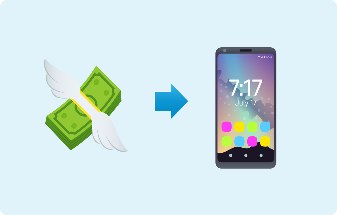 Image of an emoji of money with wings and an arrow pointing towards an emoji of a mobile phone