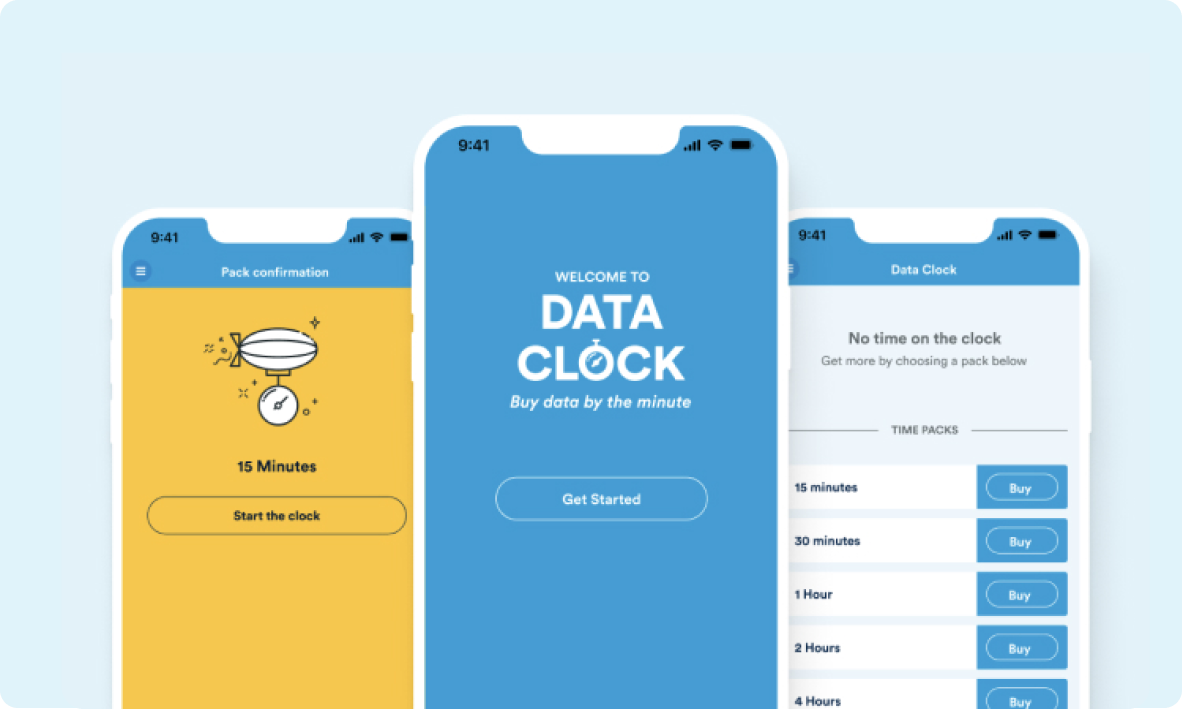 Image of three different screens showing the Data clock app on a light blue background