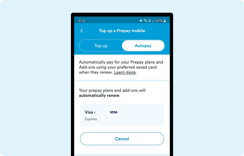 Screenshot of the mobile app on the autopay screen