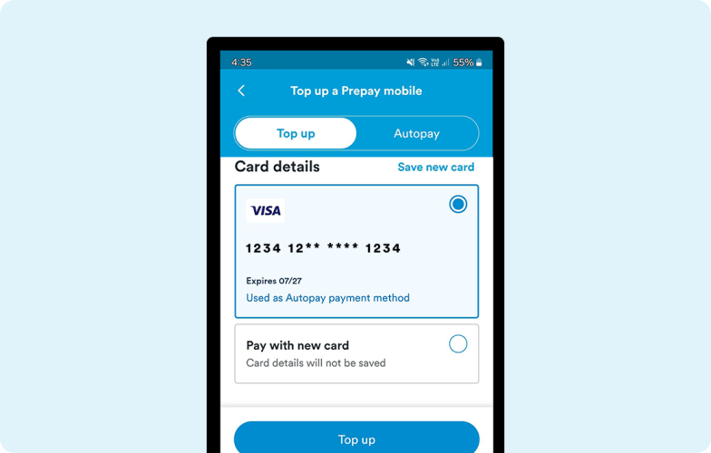 Screenshot of the mobile app showing a saved card for a top up method