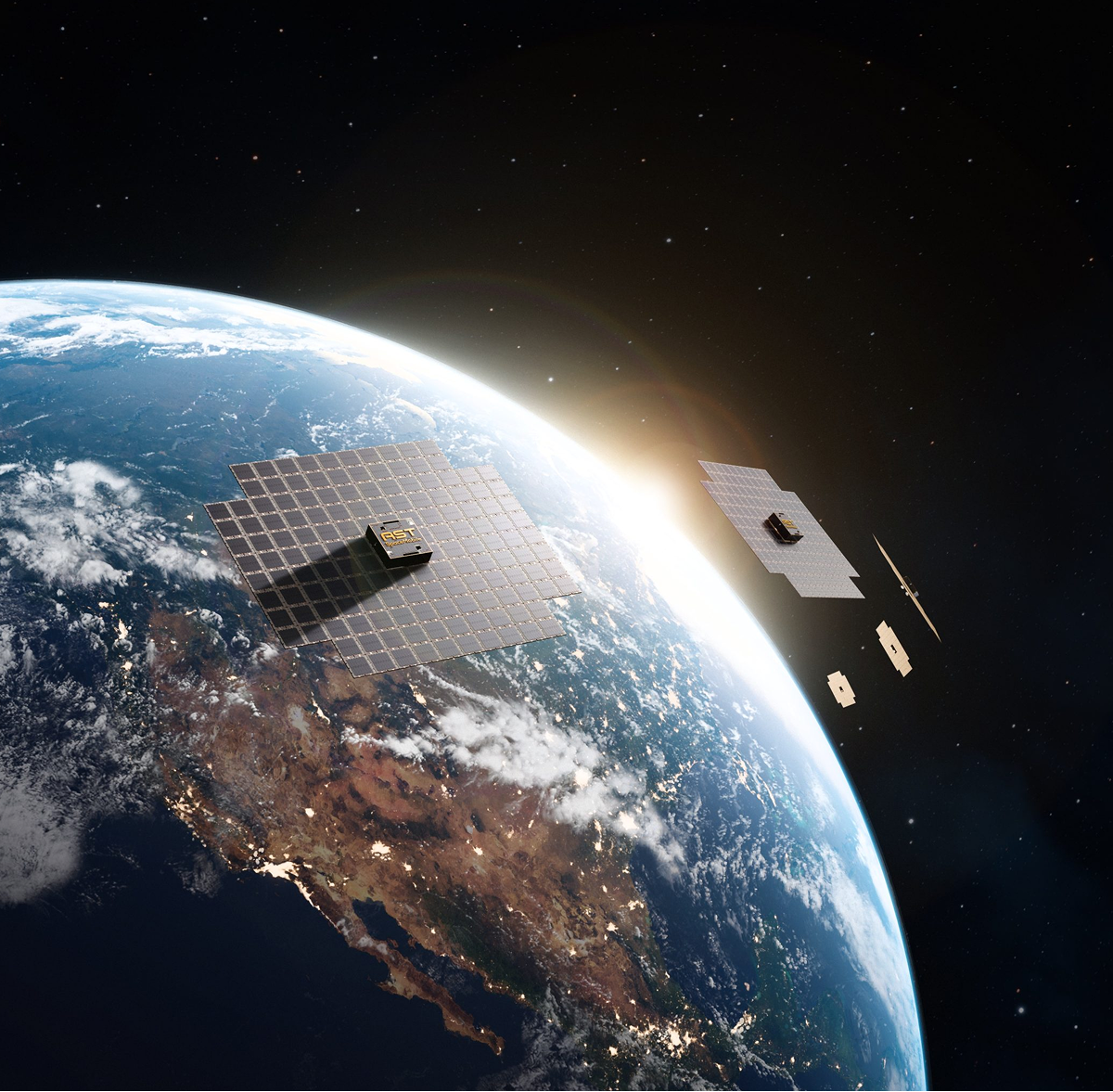 Satellite picture of an AST SpaceMobile satellite orbiting earth