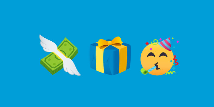 row of three emojis - cash with wings, presents, party face emoji