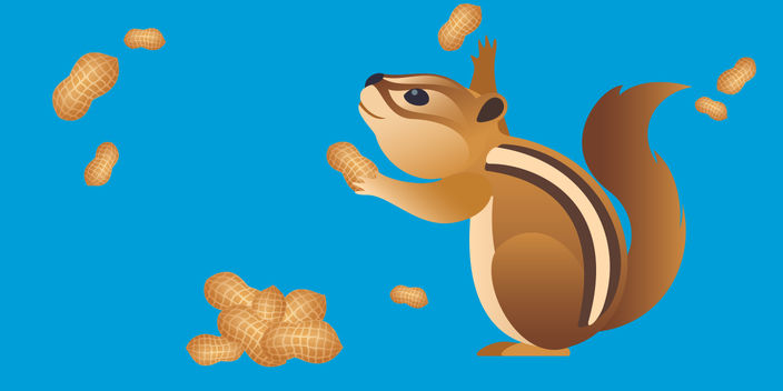 A cartoon squirrel catching raining peanuts on a blue background 