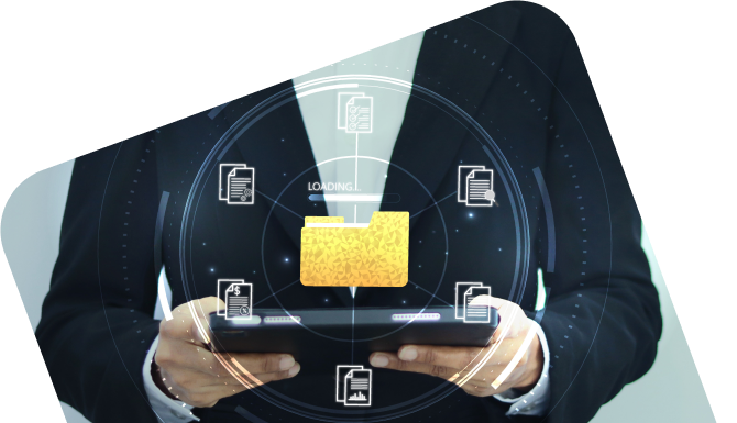 Image of a man in a suit holding a tablet with a loading files into a folder overlay