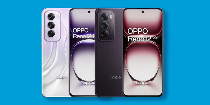 oppo reno 12 range smartphones on a blue background