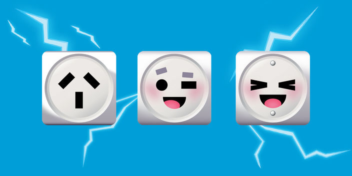 Image of three emoji power plus with electricity shocks coming out of them and faces on two of the plugs