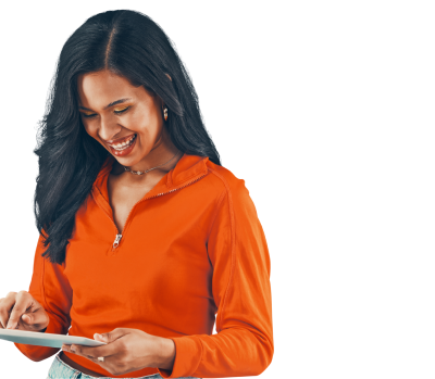 Lady in an orange top using a tablet