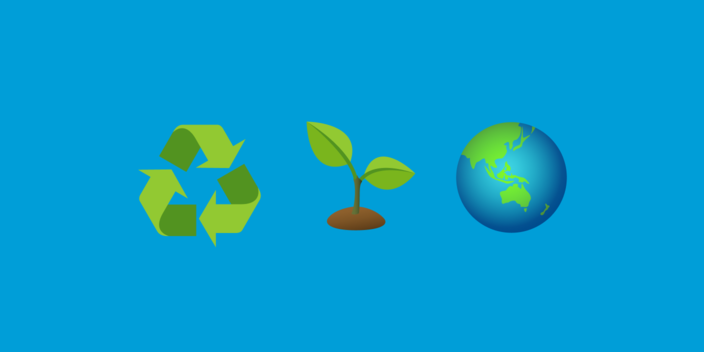 Emoji of the recycling triangle, a growing seedling and the globe on a blue background