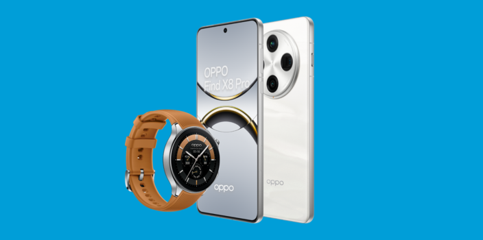 Oppo Find X8 Pro smart phone and the Oppo Watch X on a blue background