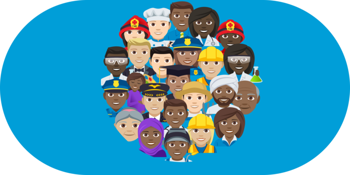 Group of emojis all in a circle with men and woman working different jobs and from different races