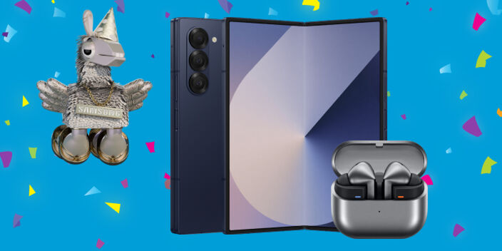 Image of the Samsung Z6 Fold smartphone and the Samsung Buds3 Pro with Samsung Flying in the background with confetti