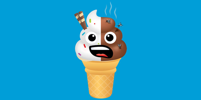 Emoji of an ice cream cone that has one half of ice cream with sprinkles and the other half is poo with flies