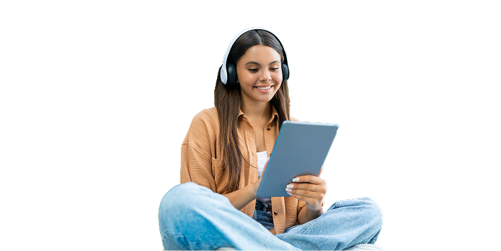 Image of a girl wearing headphones watching something on a tablet